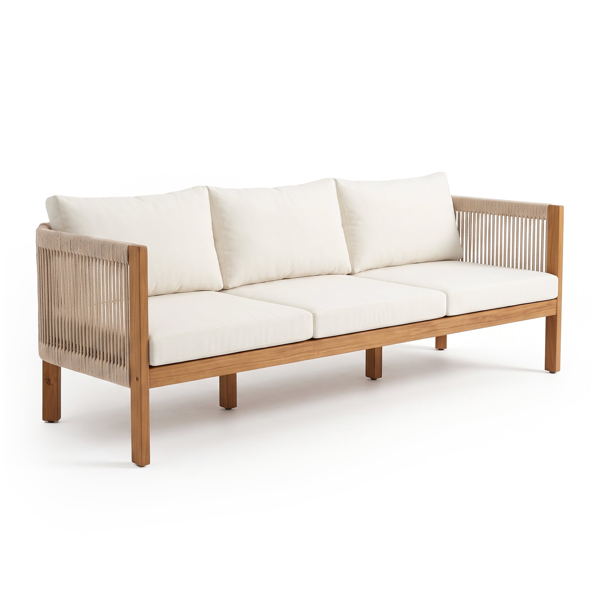 Three-seat sofa with slatted sides on white background