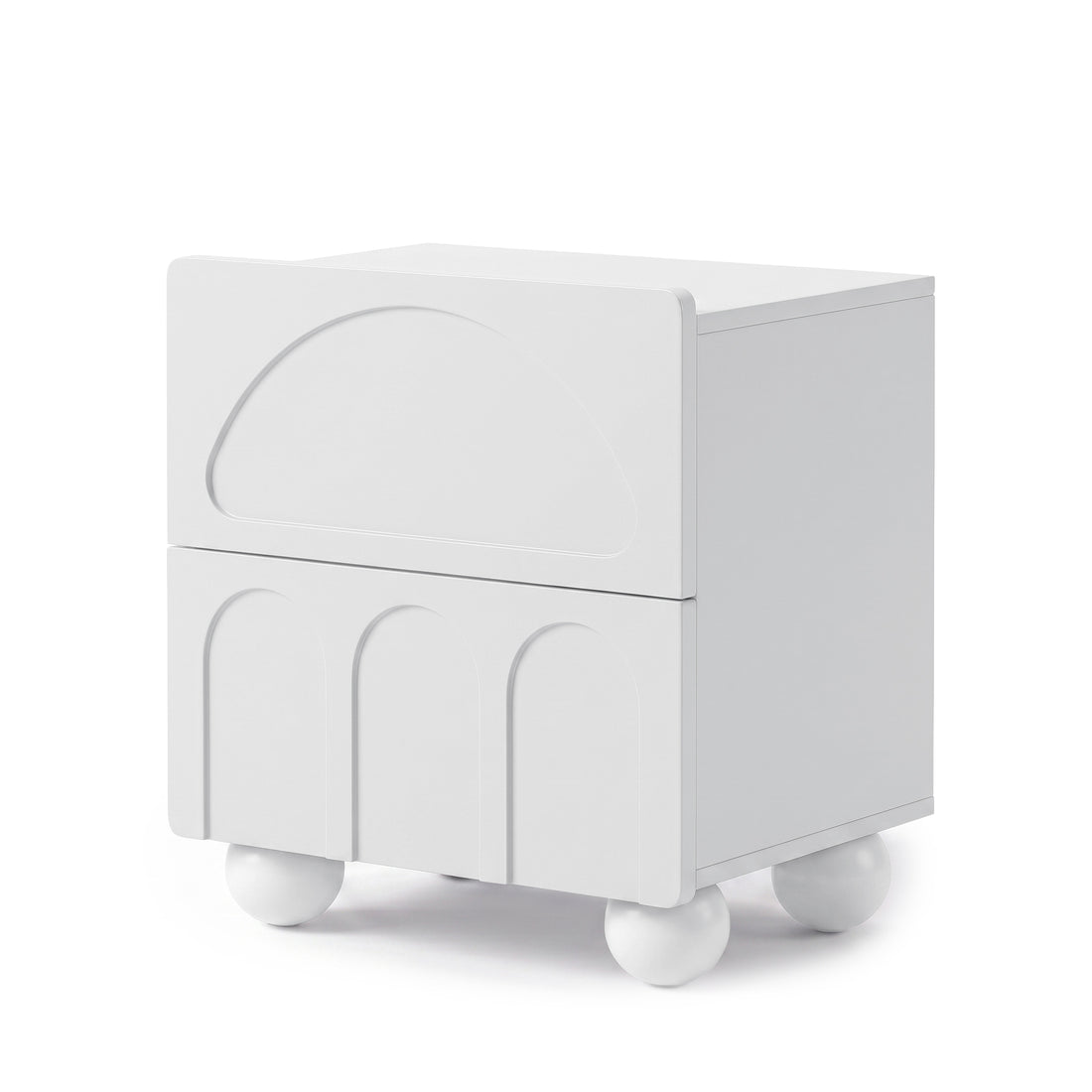 Modern white side table or nightstand with two drawers on a white background.