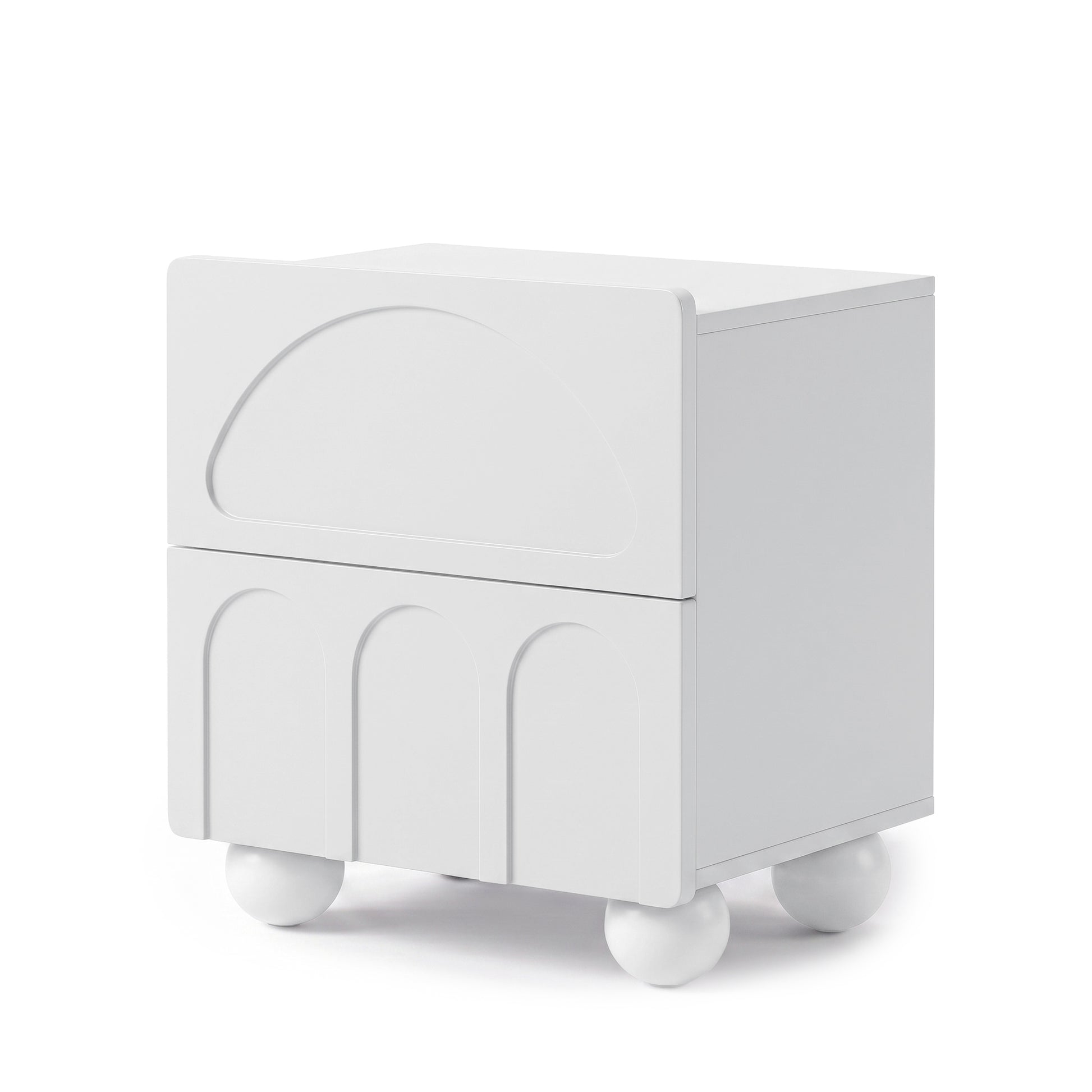 Modern white side table or nightstand with two drawers on a white background.