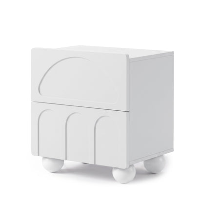 Modern white side table or nightstand with two drawers on a white background.