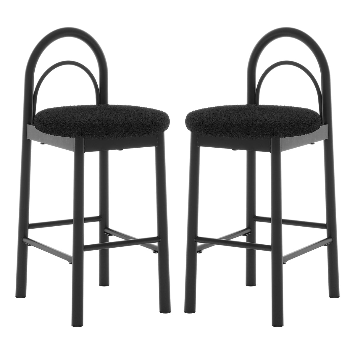Two black chairs with rounded backrests on a white background