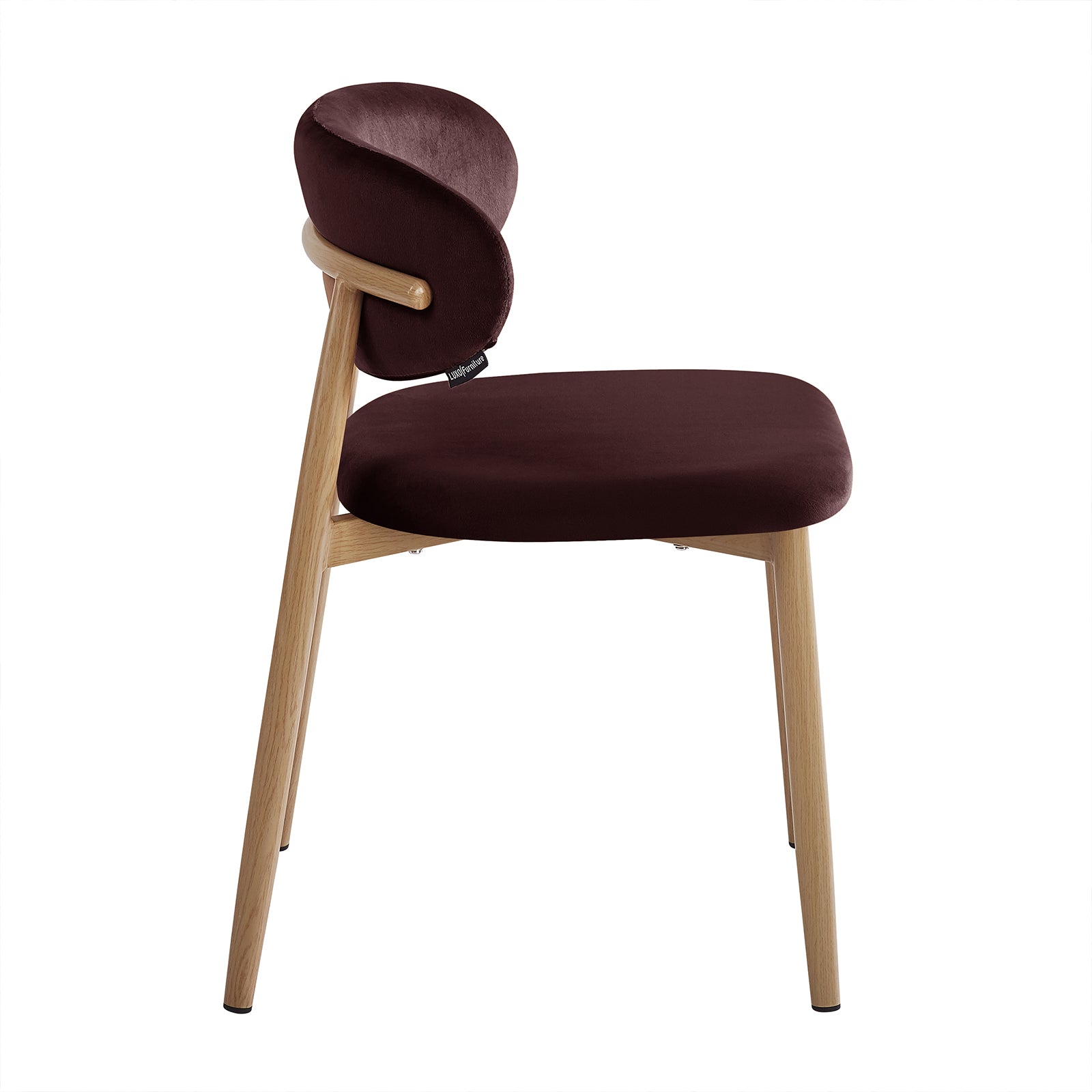 Audrey Fabric Dining Chair Set of 2 in Dark Plum, featuring light oak-tone wooden legs, a velvet-look fabric seat, and a curved backrest for a mid-century-inspired, sophisticated design.