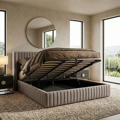 Upholstered storage bed with raised platform in a modern bedroom
