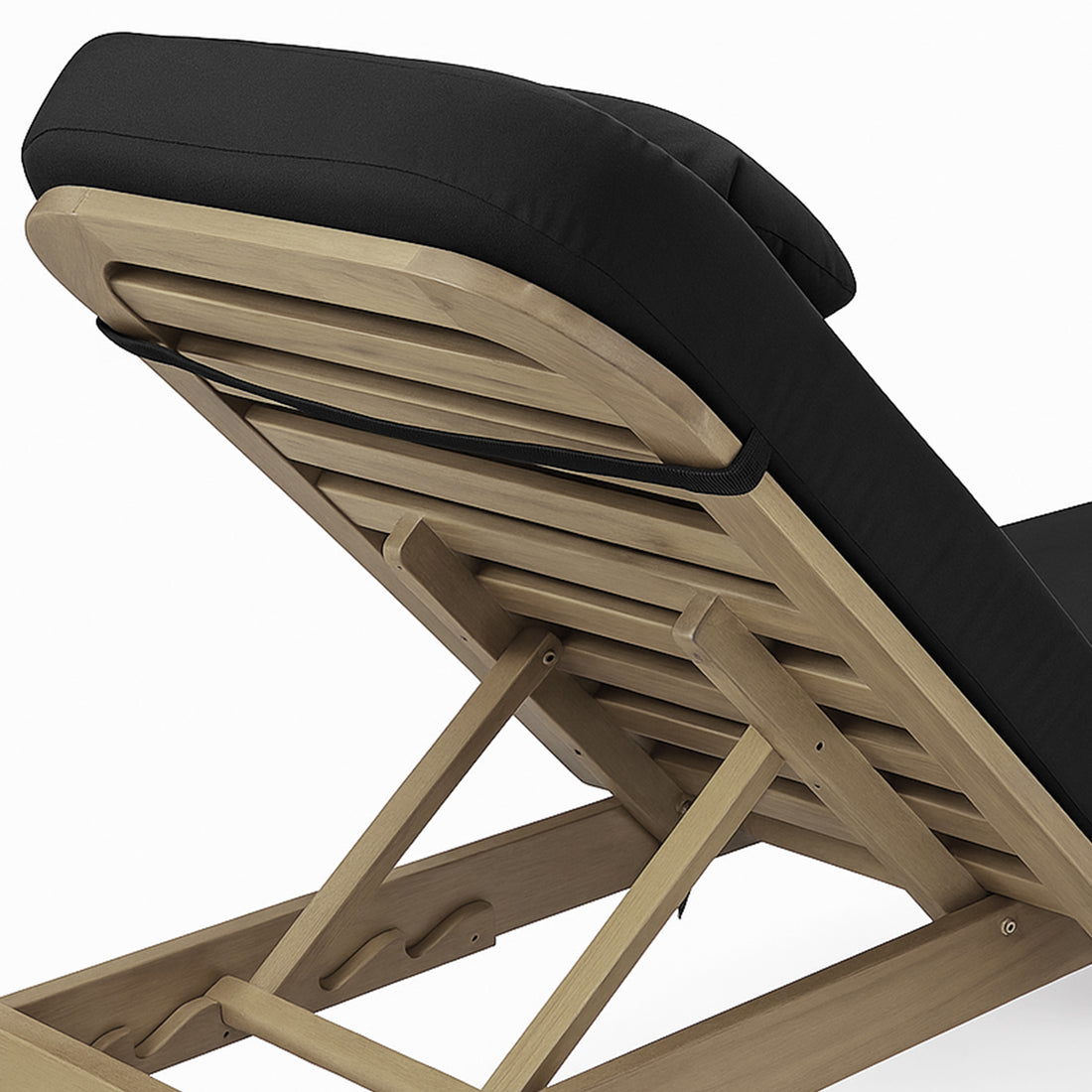 Zyra Hardwood Reclining Sun Lounger with Cushion in Black features a slatted wooden frame, adjustable backrest, and a strapped black cushion, designed for outdoor comfort and relaxation.