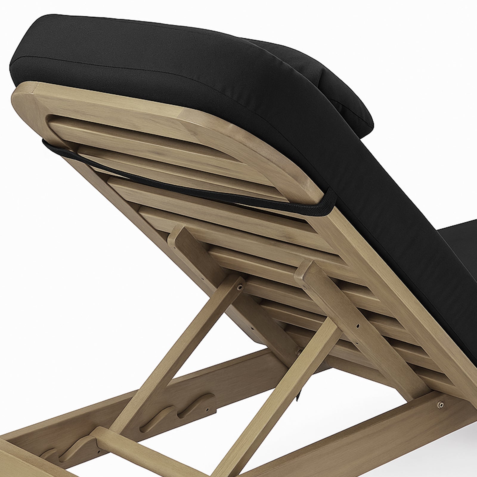 Zyra Hardwood Reclining Sun Lounger with Cushion in Black features a slatted wooden frame, adjustable backrest, and a strapped black cushion, designed for outdoor comfort and relaxation.