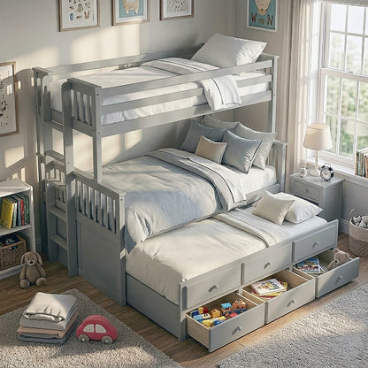 Grey triple bunk bed with storage drawers in a decorated children’s bedroom with toys and natural light