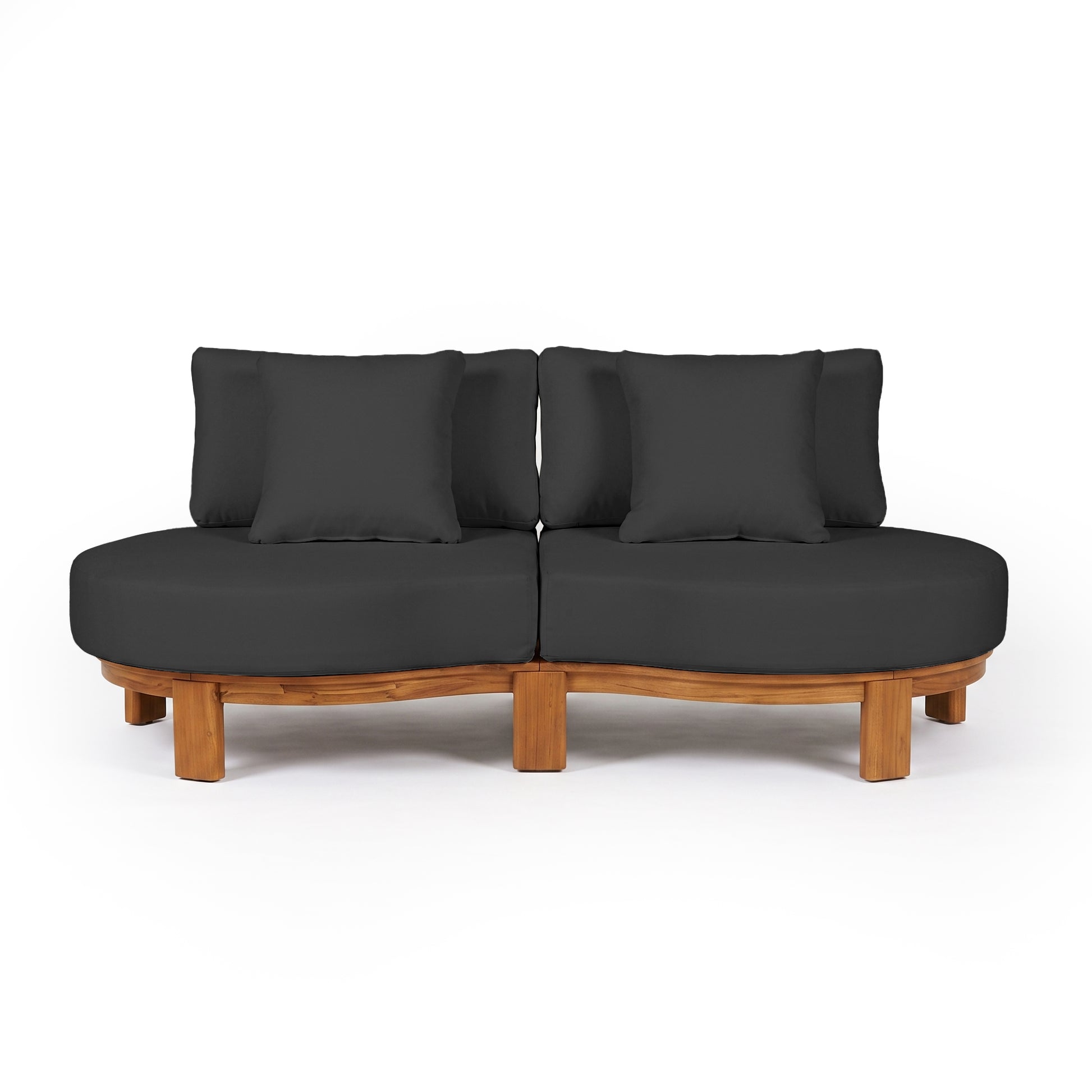 Modern curved sofa with black cushions and wooden base on white background