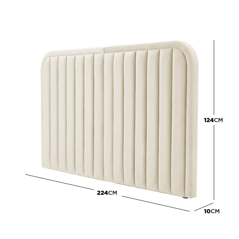 Cream upholstered headboard with vertical channels and dimensions overlay on white background