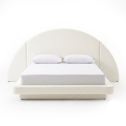 Front view of a modern upholstered bed on a white background
