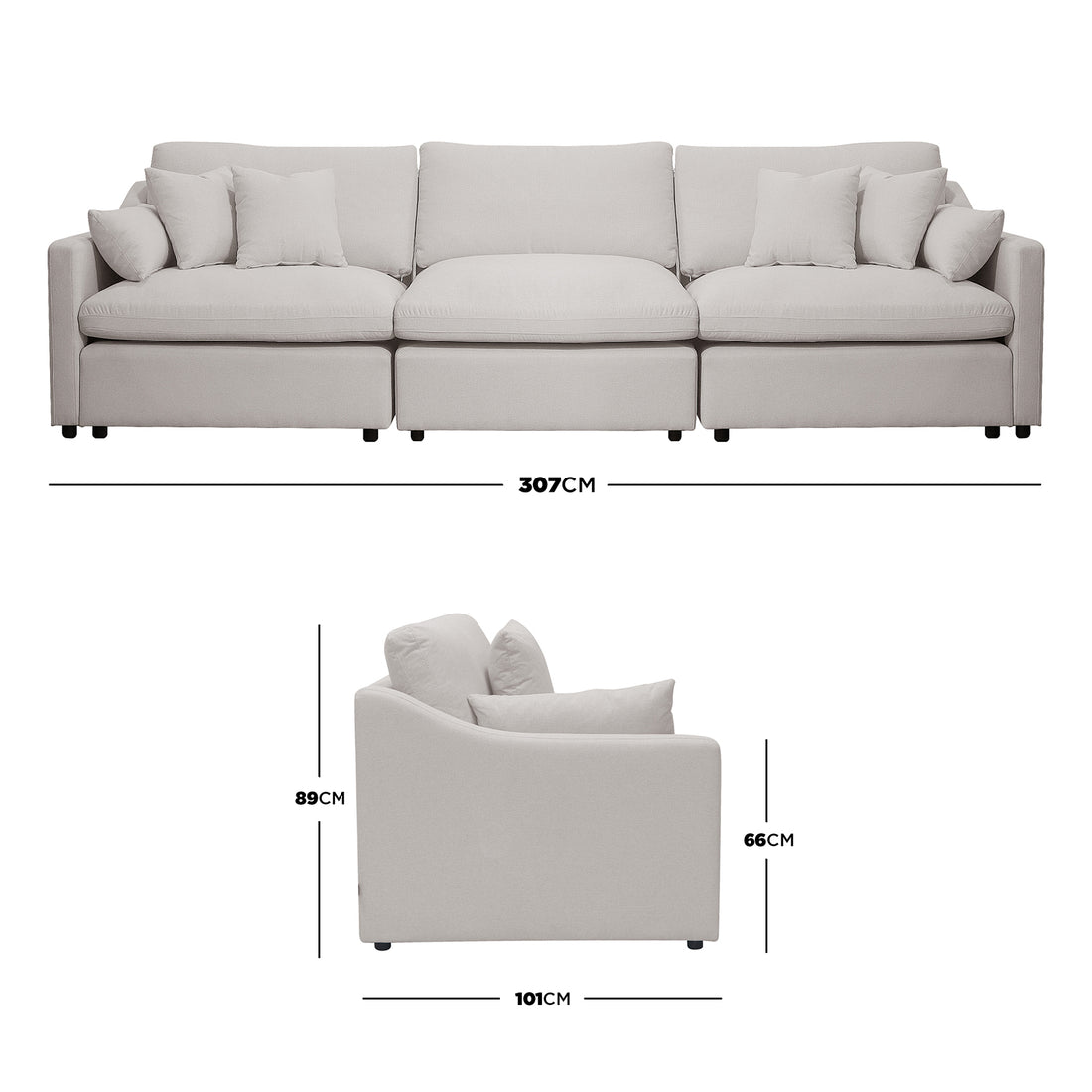Sofa shown from front and side with dimensions labeled on a white background