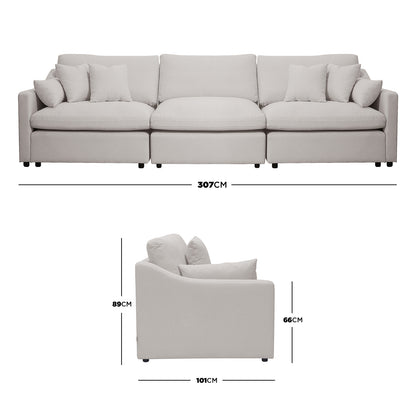 Sofa shown from front and side with dimensions labeled on a white background