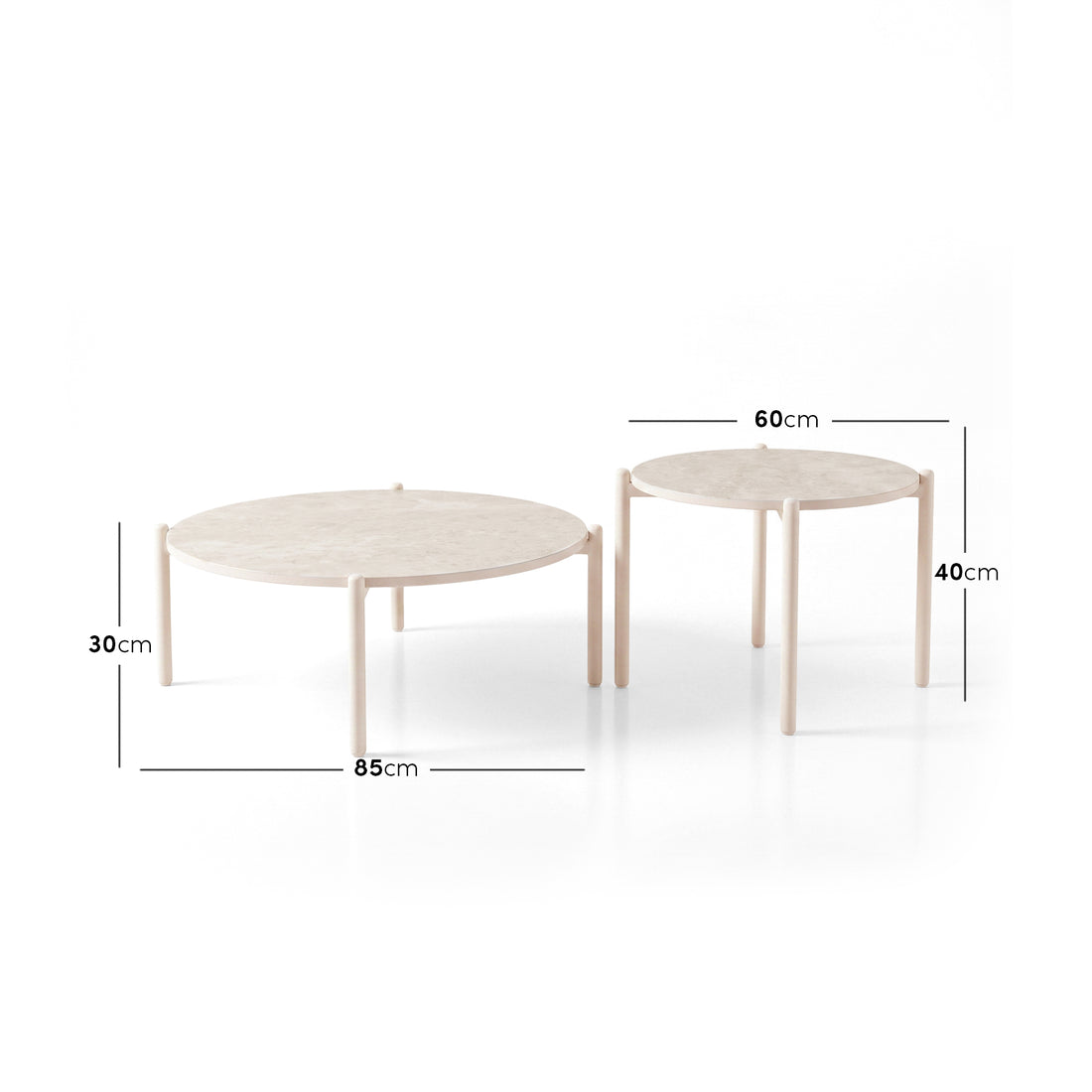 Two round tables on a white background with diameter and height measurements shown