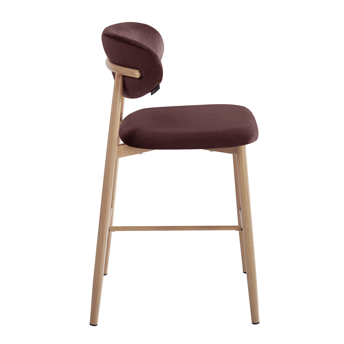 Audrey Fabric Upholstered Barstool Set of 2 in Dark Plum features a minimalist design with a natural wood frame, splayed legs, and dark brown upholstered seat and backrest, offering modern elegance.