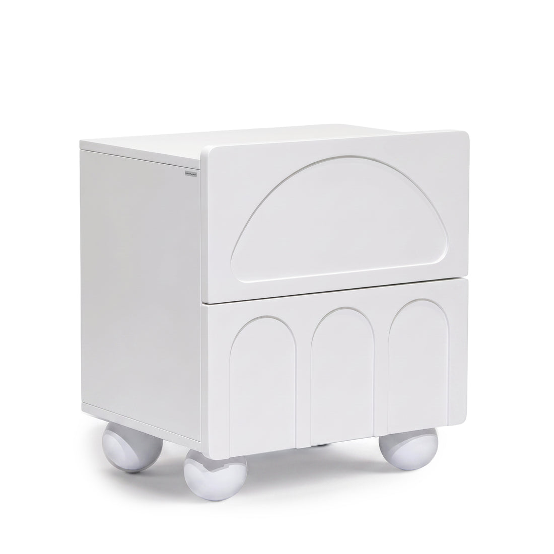 White rolling storage nightstand with two drawers on a white background.