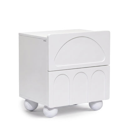 White rolling storage nightstand with two drawers on a white background.