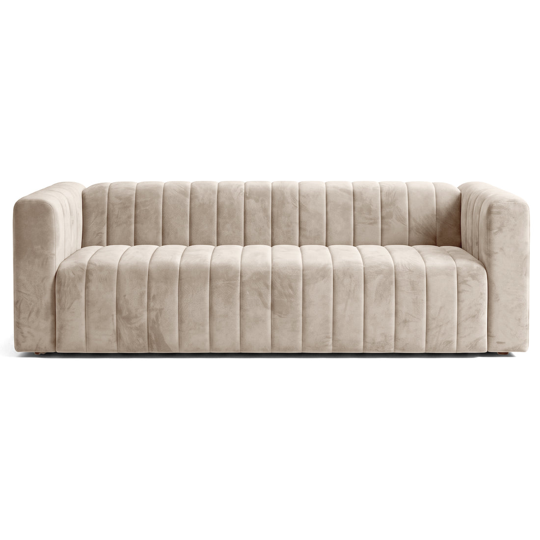 Beige channel-tufted sofa on a white background