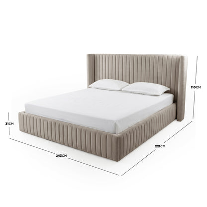Taupe upholstered bed with dimensions labeled around the complete product