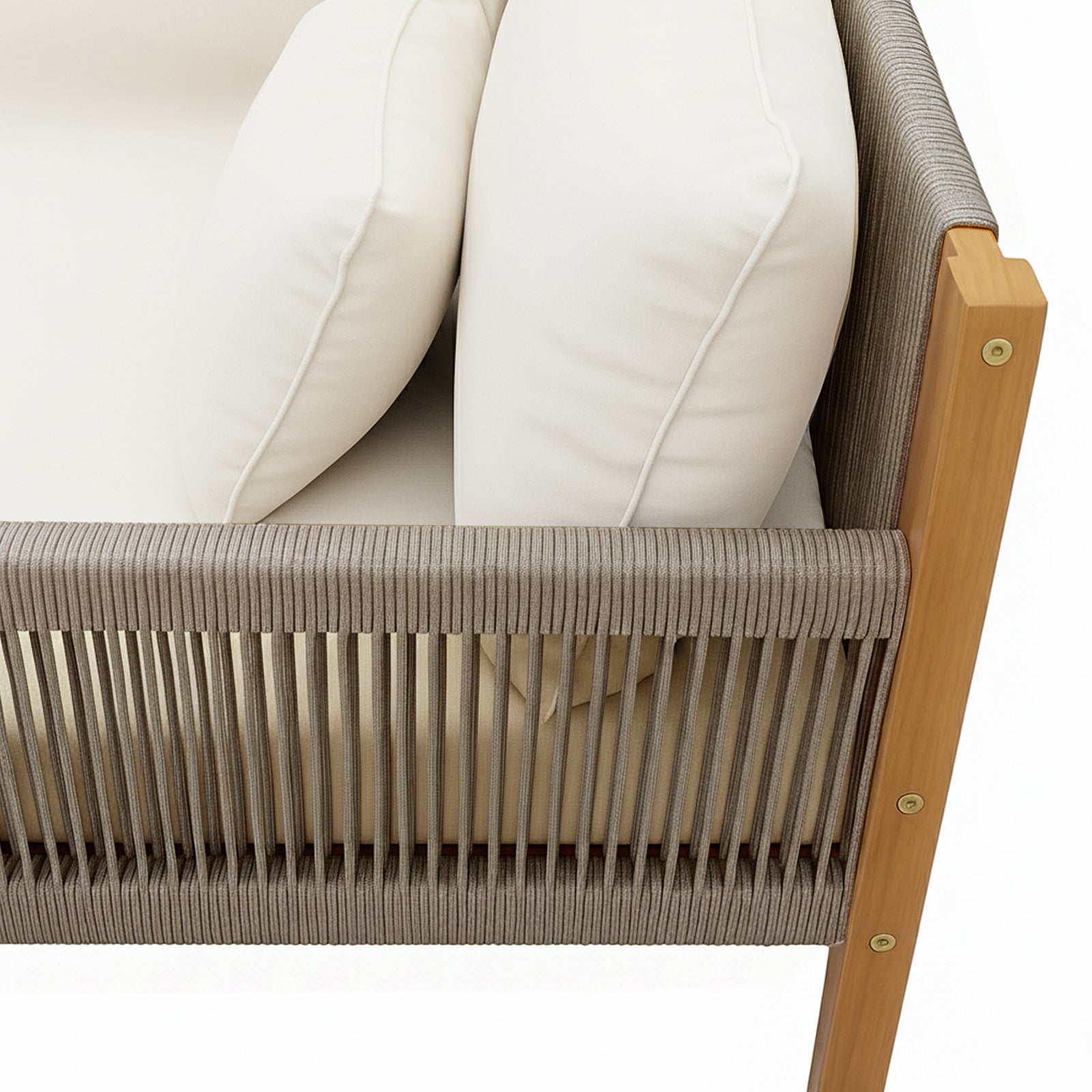 Close-up of Tavi 5 Seater Solid Timber L Shape Outdoor Sofa showcasing its light-wood frame with woven rope side panel and off-white cushions, epitomizing modern coastal style and comfort.