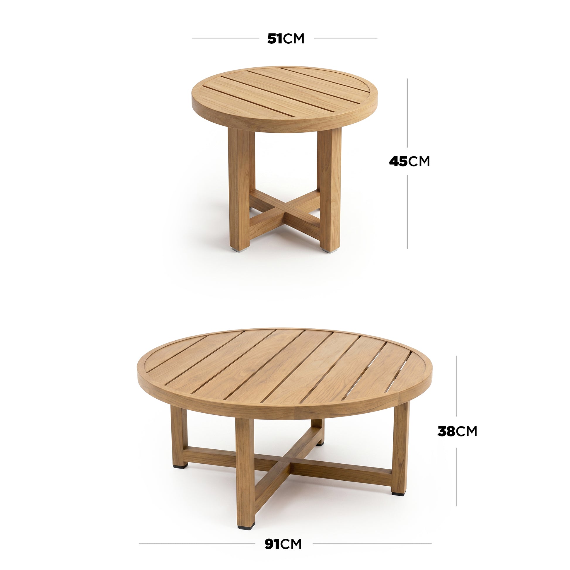 Two round wooden tables on white background with dimensions shown