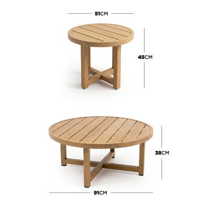 Two round wooden tables on white background with dimensions shown