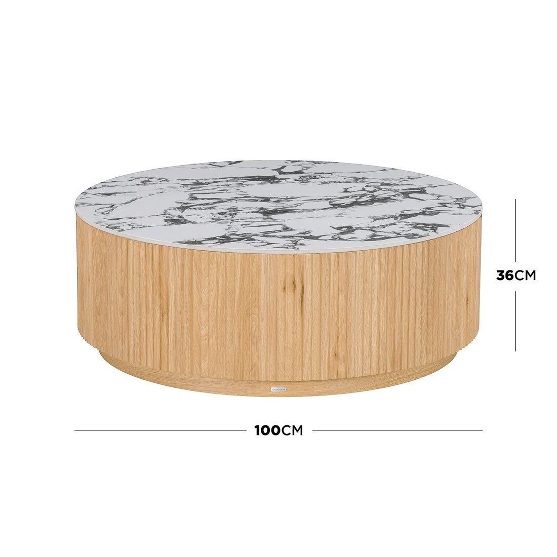 Round coffee table on white background with labeled dimensions