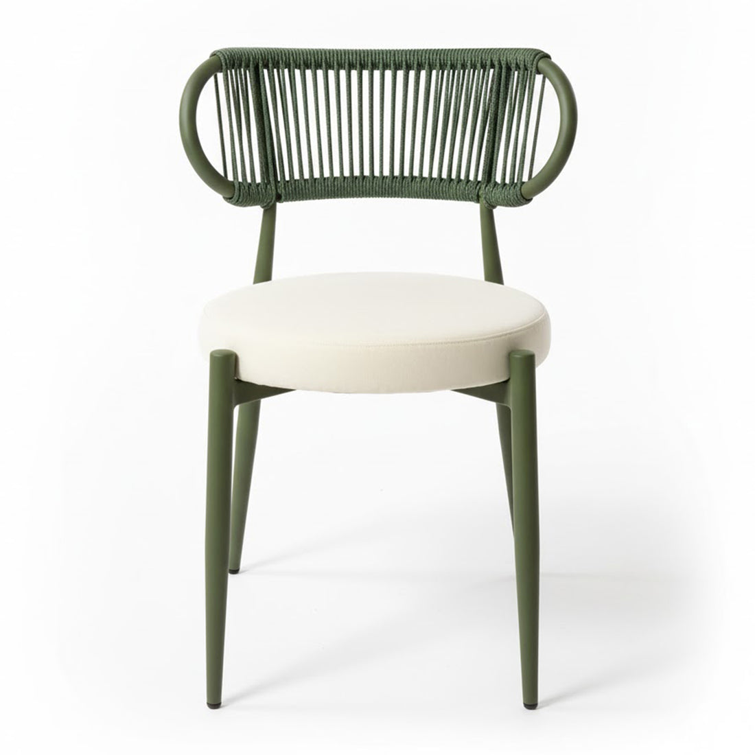 Cabria 7 Piece Sintered Stone Outdoor Dining Set in Green features a modern side chair with an olive green tubular metal frame, off-white round cushion, and vertical green rope backrest.