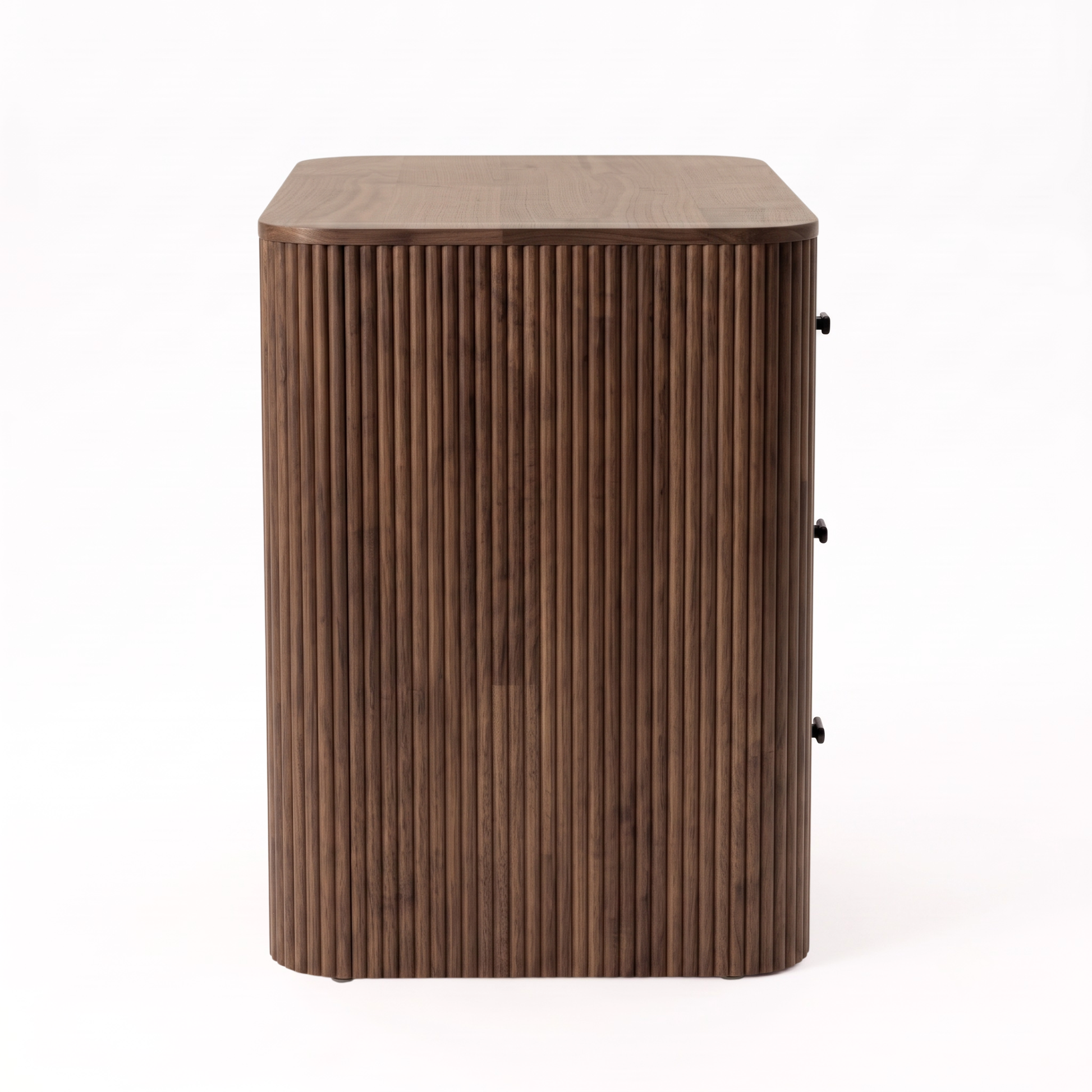 Side view of a wooden cabinet with vertical slat detailing on a white background