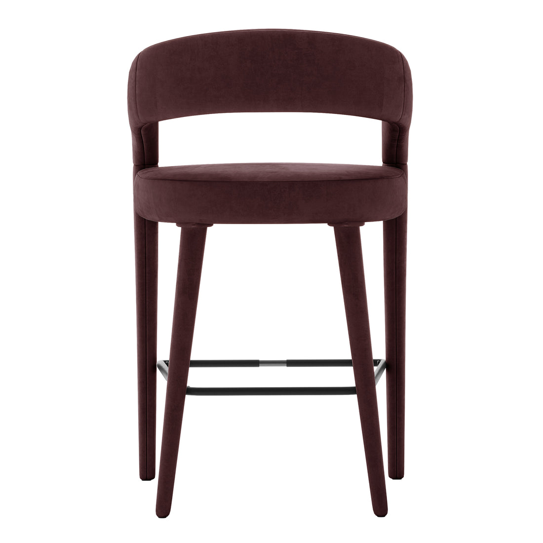 Eisha Velvet Bar Stool Set of 2 in Dark Plum, featuring a modern design with rounded backrest, padded seat in burgundy fabric, tapered legs, and metal footrest for sleek, comfortable seating.