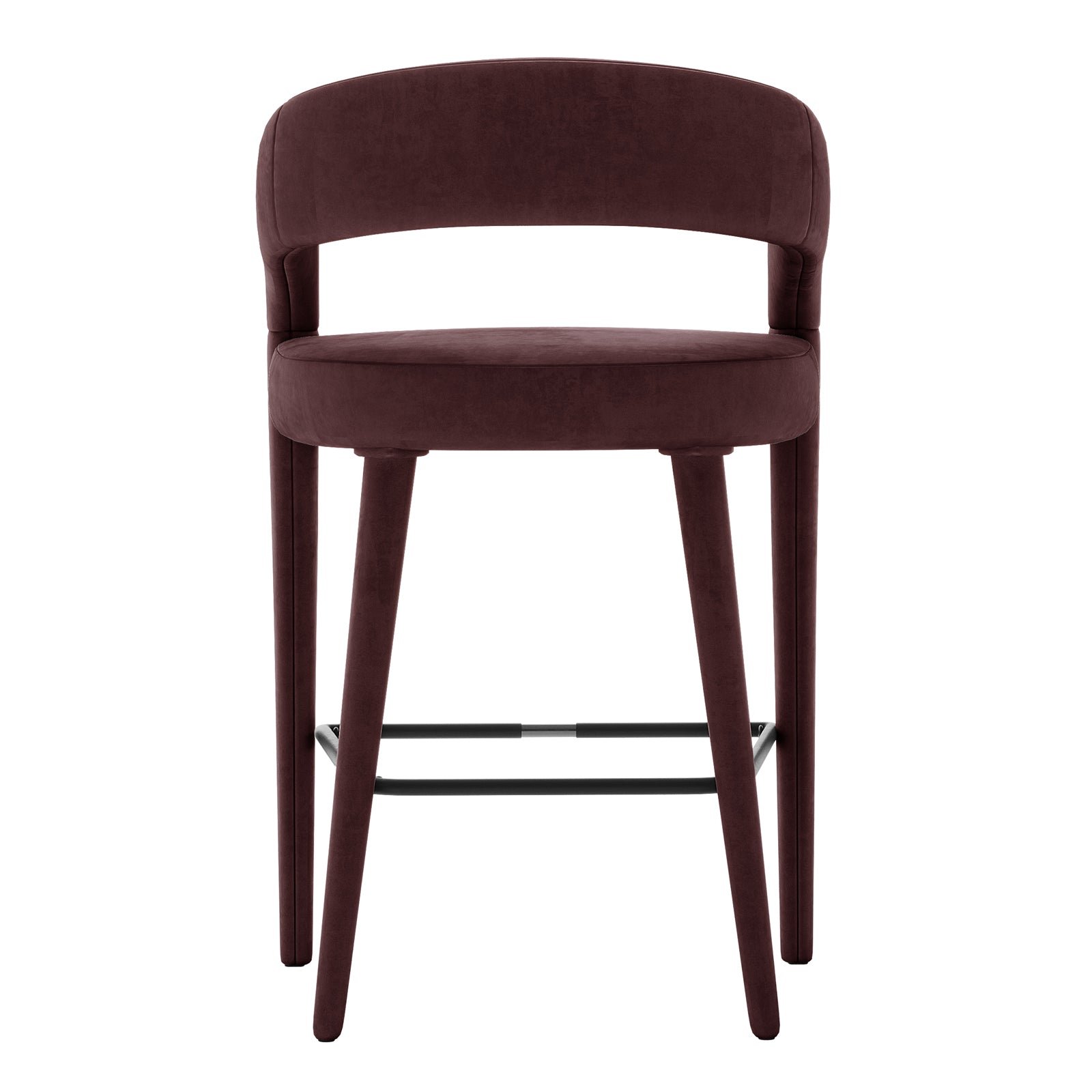 Eisha Velvet Bar Stool Set of 2 in Dark Plum, featuring a modern design with rounded backrest, padded seat in burgundy fabric, tapered legs, and metal footrest for sleek, comfortable seating.