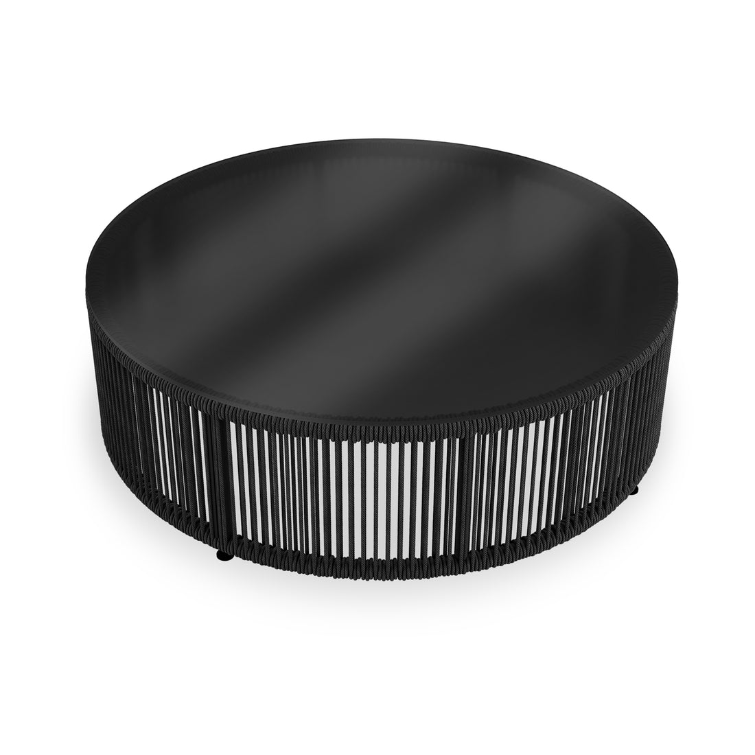 Solari 4 Seater Wicker Outdoor Sofa Set in Black features a modern round coffee table with a solid top and open cylindrical base of vertical slats, enhancing outdoor relaxation.