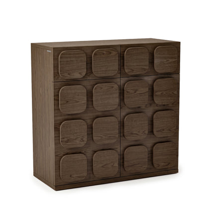 Modern dark wooden storage cabinet with a geometric square pattern on a white background