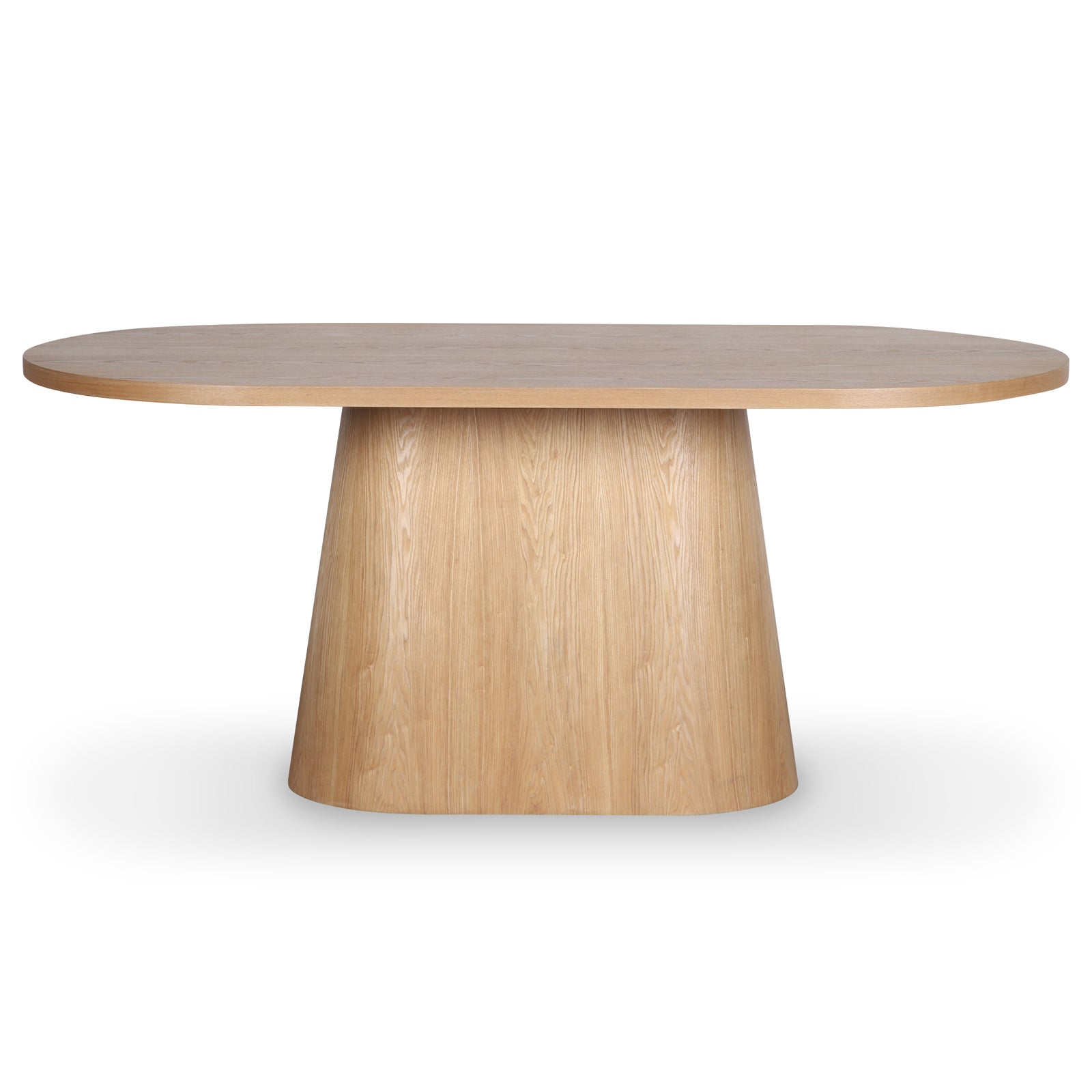 Gigi 180cm Oval Wooden Dining Table in Oak, featuring a smooth oval tabletop and a sturdy conical pedestal base, designed for elegance and spaciousness in dining areas.