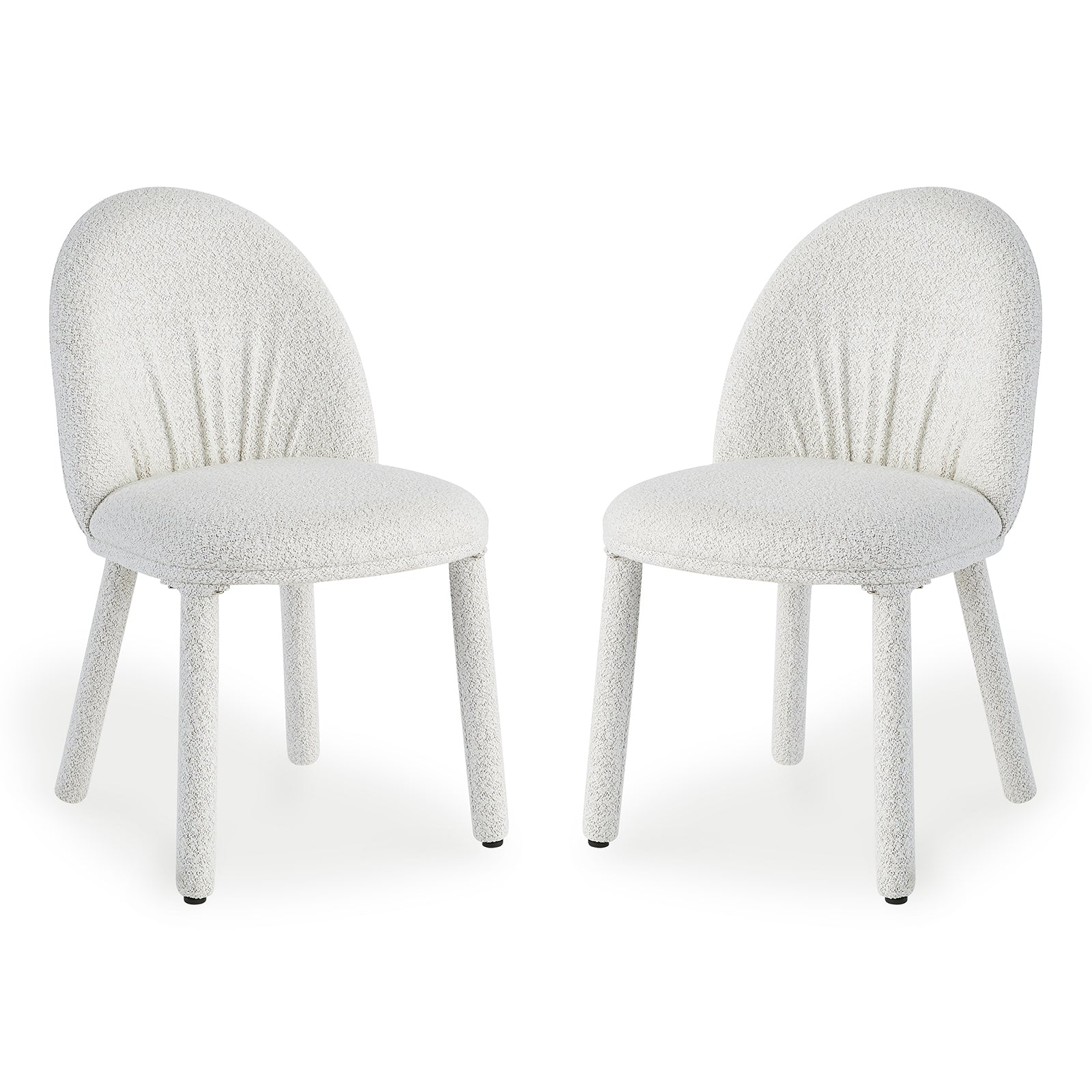 Joren Boucle Arched Dining Chair Set of 2 in Cream, featuring nubby fabric upholstery, oval backrest, round seat, and four cylindrical legs, offering a modern, supportive design ideal for stylish dining spaces.