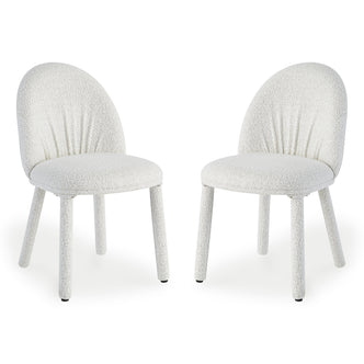 Joren Boucle Arched Dining Chair Set of 2 in Cream, featuring nubby fabric upholstery, oval backrest, round seat, and four cylindrical legs, offering a modern, supportive design ideal for stylish dining spaces.