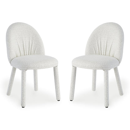 Joren Boucle Arched Dining Chair Set of 2 in Cream, featuring nubby fabric upholstery, oval backrest, round seat, and four cylindrical legs, offering a modern, supportive design ideal for stylish dining spaces.