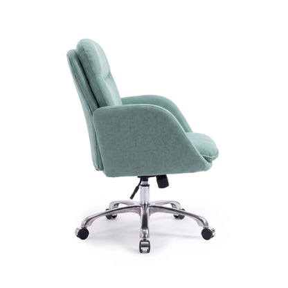 Side view of a modern upholstered office chair on a white background