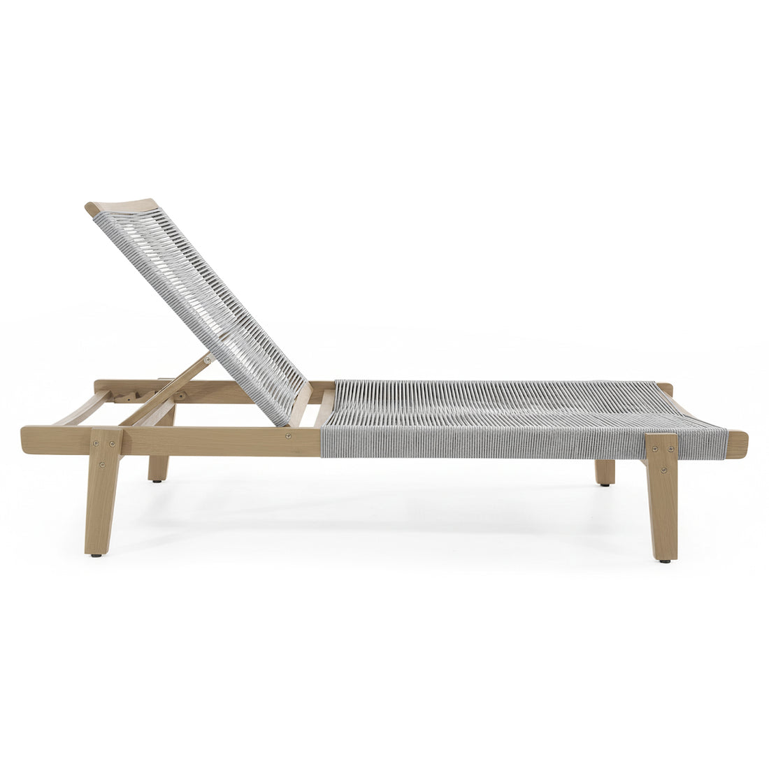 Aureli Hardwood Acacia Reclining Sun Lounger features a low wood frame with an adjustable woven cord seat and backrest, ideal for outdoor relaxation, offering both reclining and upright positions.