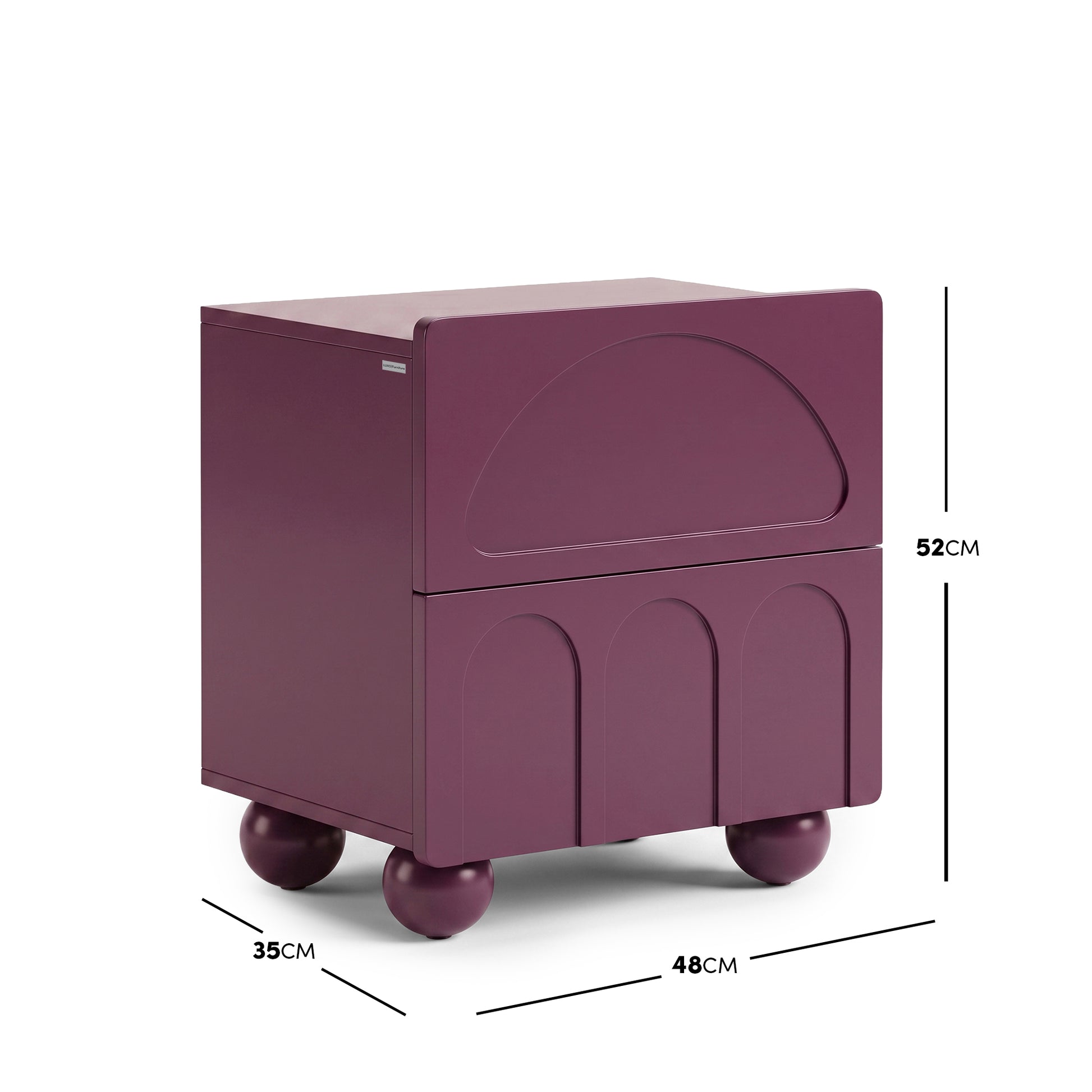 Purple nightstand on white background with dimensions marked as 52 cm high, 48 cm wide, and 35 cm deep