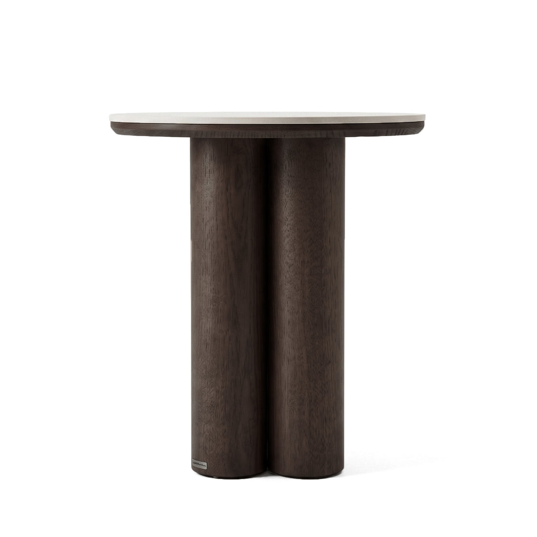 Cylindrical wooden side table with round top on a white background