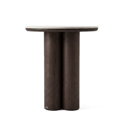 Cylindrical wooden side table with round top on a white background