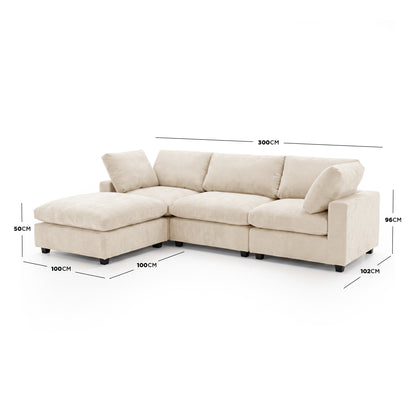 Beige sectional sofa with dimension measurements on a white background
