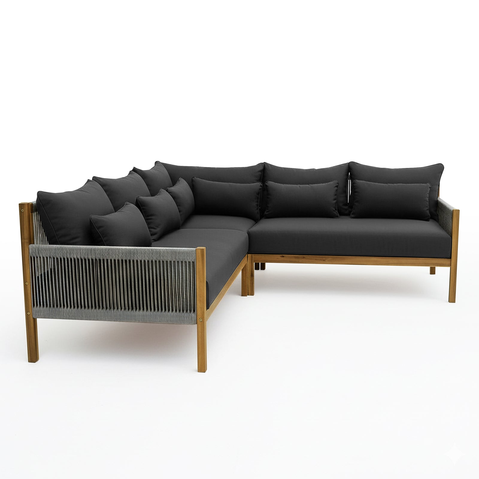 Tavi 5 Seater Solid Timber L Shape Outdoor Sofa features a light wood frame with rope-woven panels and dark charcoal-gray cushions, forming a stylish, modern L-shaped sectional for outdoor lounging.