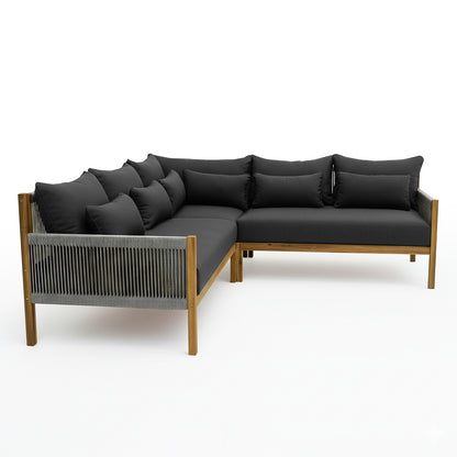 Tavi 5 Seater Solid Timber L Shape Outdoor Sofa features a light wood frame with rope-woven panels and dark charcoal-gray cushions, forming a stylish, modern L-shaped sectional for outdoor lounging.