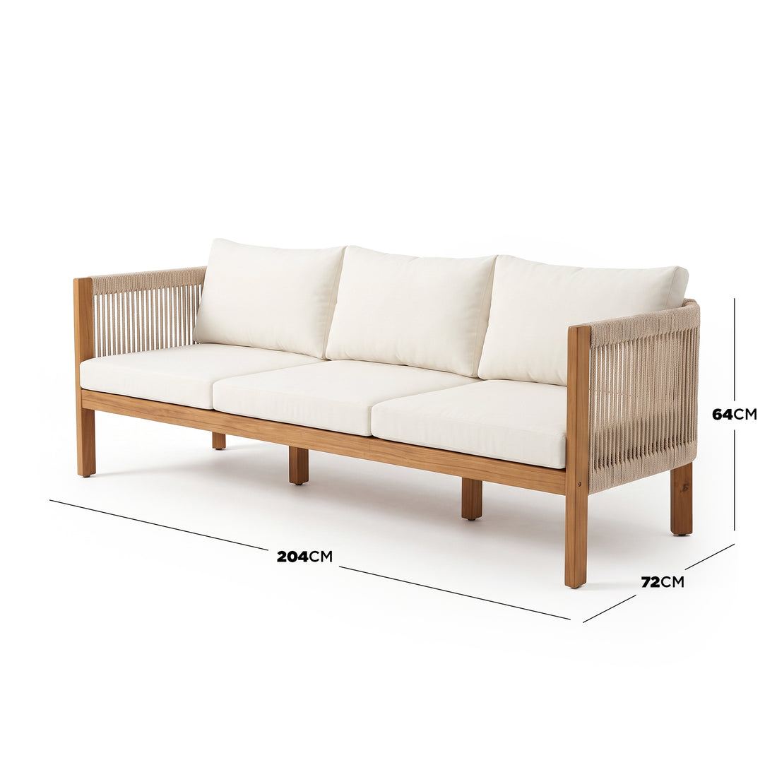 Three-seater sofa on white background with dimensions shown