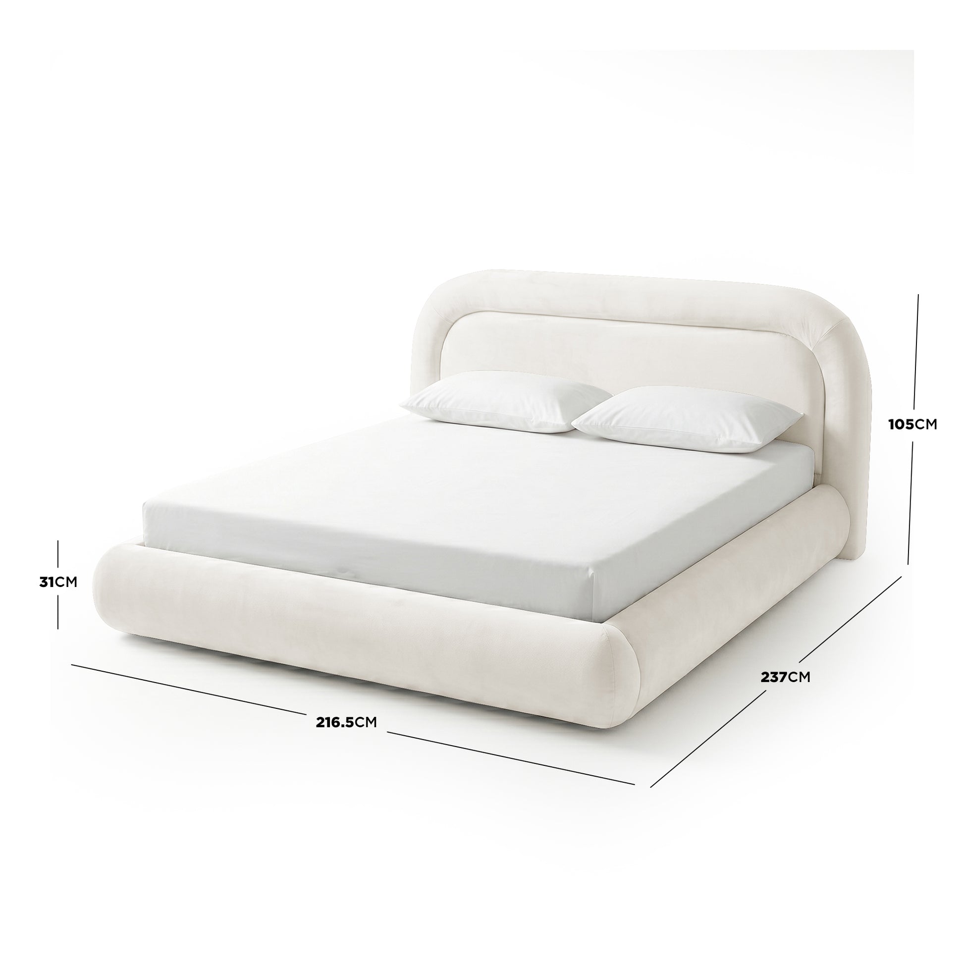Upholstered bed with dimension lines and measurements on white background
