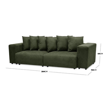 Dark green sectional sofa with dimension lines against white background