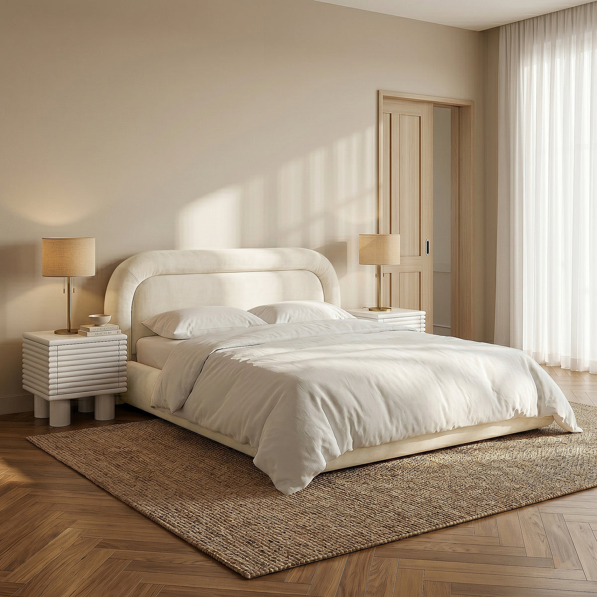 Cream upholstered bed styled with pillows and duvet in a bright modern bedroom
