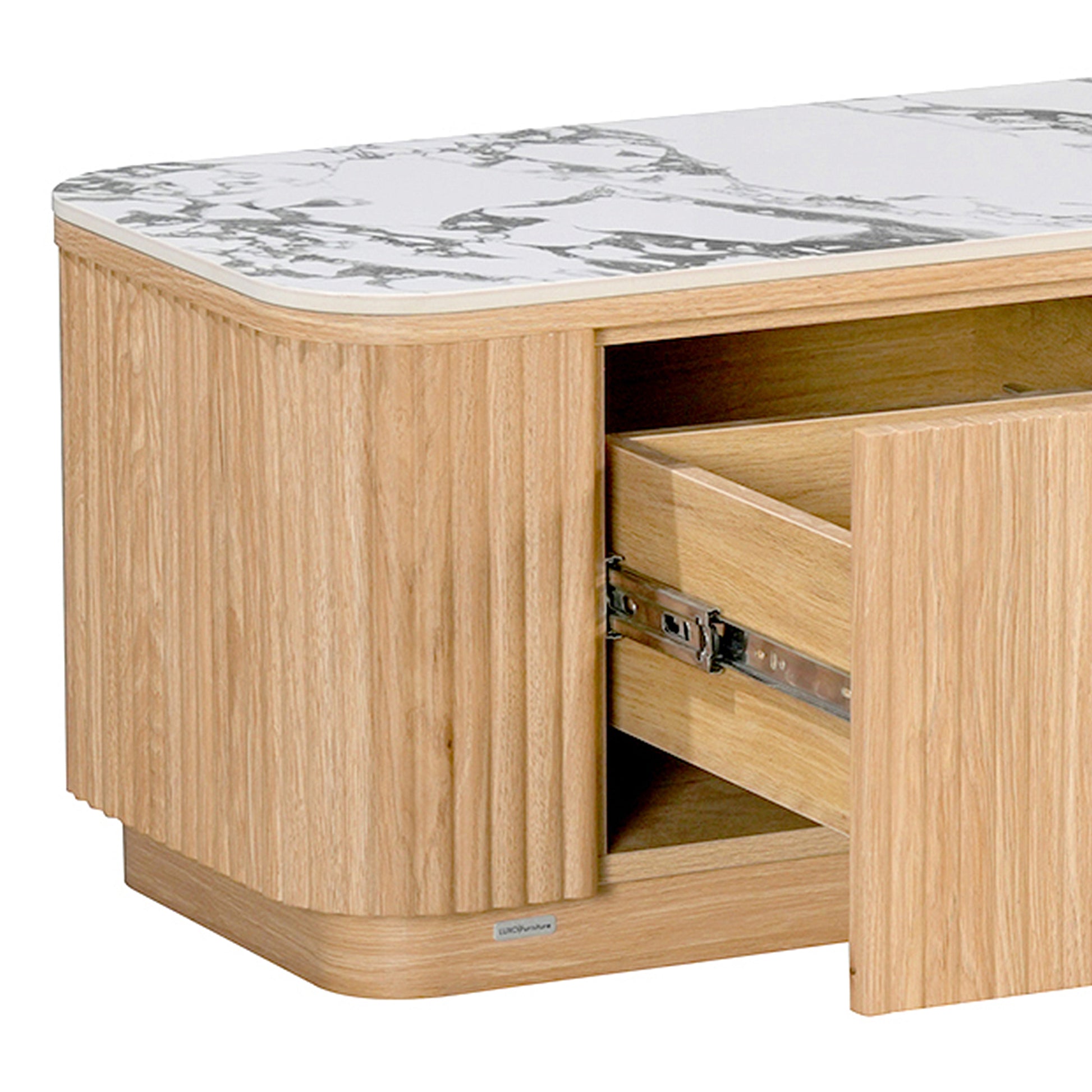 Rectangular storage cabinet with rounded edges and open door on white background