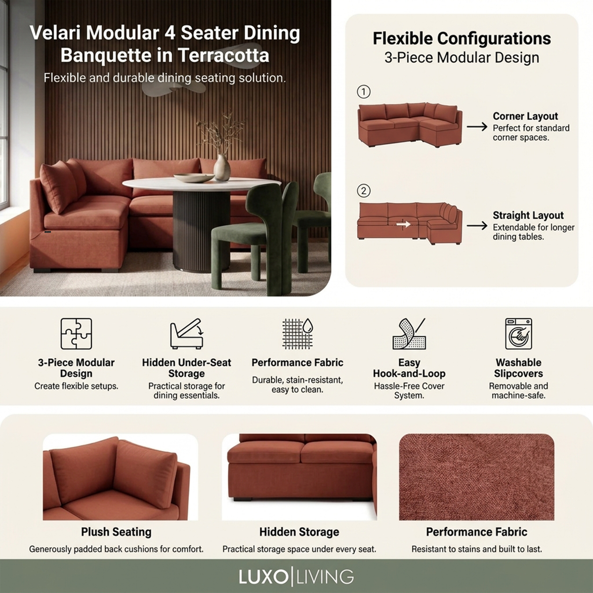 Terracotta modular dining banquette shown in a styled room with feature diagrams