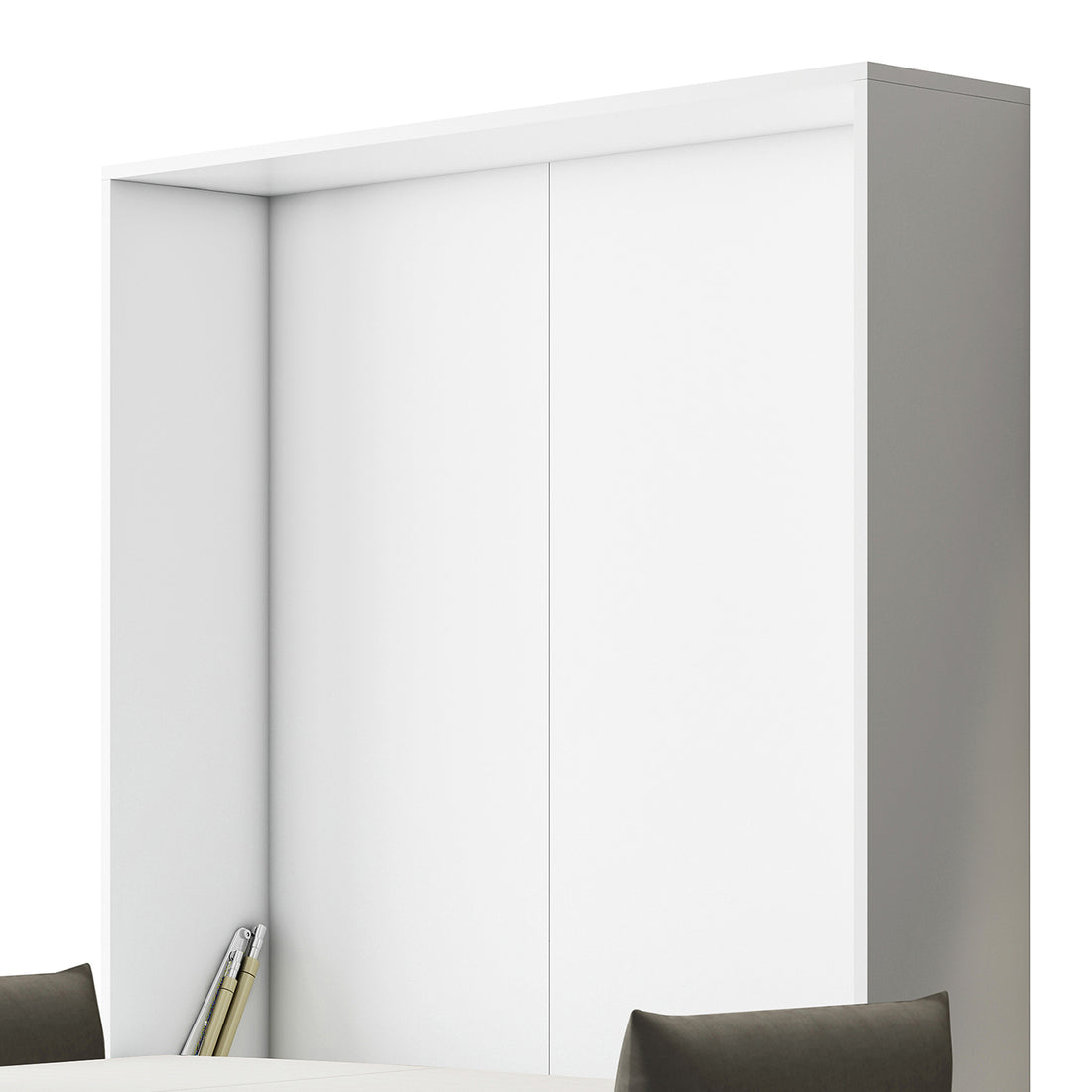 Luxo Byron Sofa Foldout Queen Wall Bed White & Grey, featuring a sleek, white cabinet with visible interior, positioned beside a white tabletop with dark-gray chairs and rolled blueprints tucked inside.